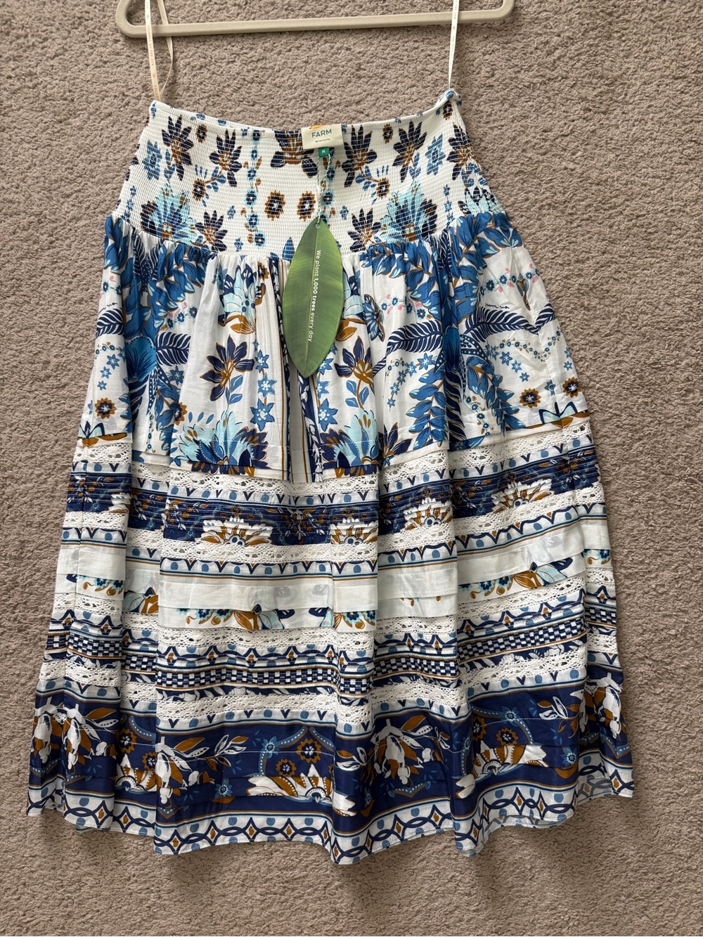 FARM Rio White Blue Floral Tiered Skirt with Gold Accents - Picture 6 of 7